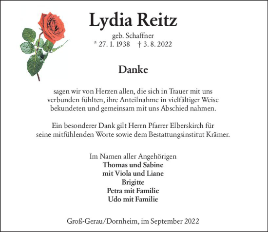 Traueranzeige von Lydia Reitz von vrm-trauer Groß-Gerauer Echo