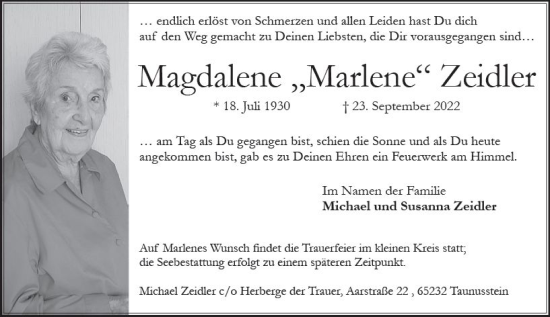 Traueranzeige von Magdalene Zeidler von vrm-trauer Wiesbadener Kurier
