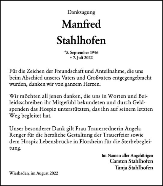 Traueranzeige von Manfred Stahlhofen von vrm-trauer Wiesbadener Kurier