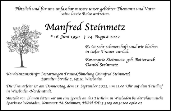 Traueranzeige von Manfred Steinmetz von vrm-trauer Wiesbadener Kurier