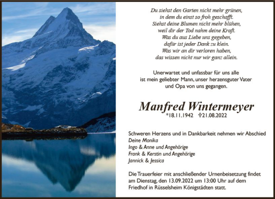Traueranzeige von Manfred Wintermeyer von vrm-trauer Rüsselsheimer Echo / MainSpitze