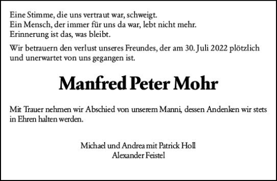 Traueranzeige von Manfred Peter Mohr von vrm-trauer Wiesbadener Kurier