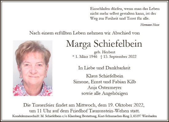 Traueranzeige von Marga Schiefelbein von vrm-trauer Wiesbadener Kurier