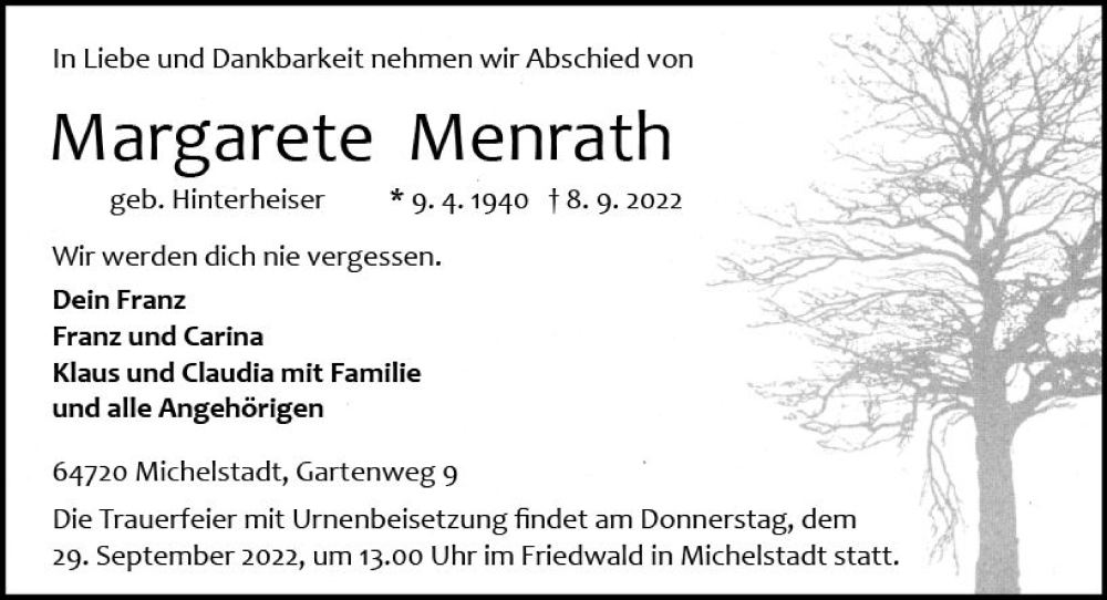  Traueranzeige für Margarete Menrath vom 17.09.2022 aus vrm-trauer Odenwälder Echo