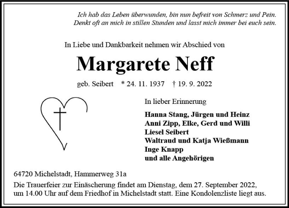  Traueranzeige für Margarete Neff vom 24.09.2022 aus vrm-trauer Odenwälder Echo