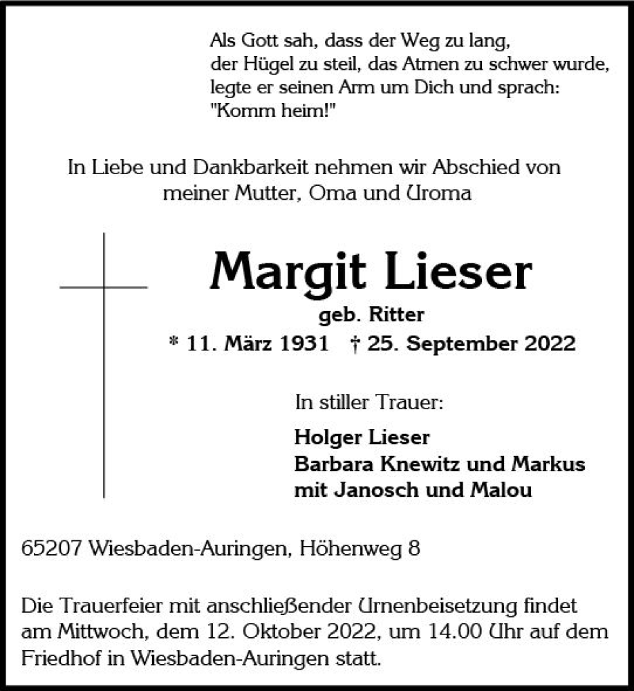  Traueranzeige für Margit Lieser vom 01.10.2022 aus vrm-trauer Wiesbadener Kurier
