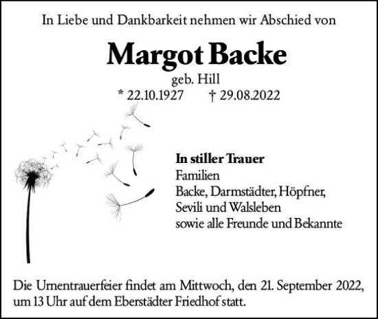 Traueranzeige von Margot Backe von vrm-trauer Darmstädter Echo