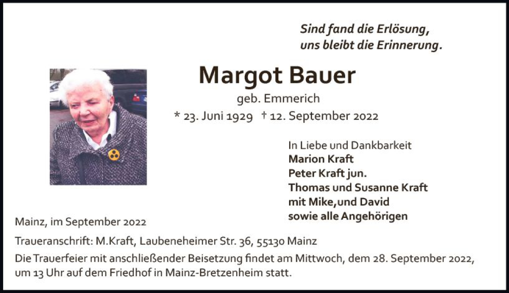  Traueranzeige für Margot Bauer vom 24.09.2022 aus vrm-trauer AZ Mainz