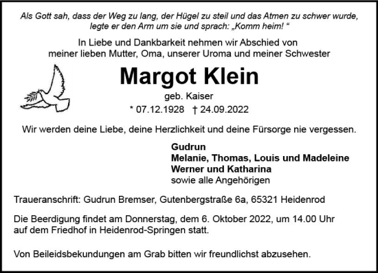 Traueranzeige von Margot Klein von vrm-trauer WK-UTA