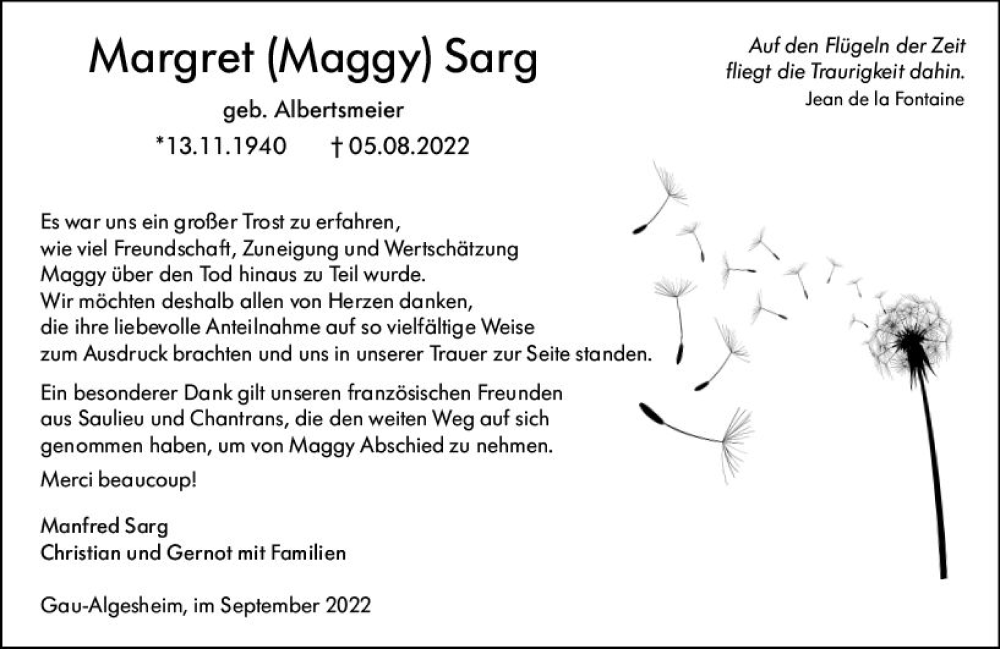  Traueranzeige für Margret Sarg vom 10.09.2022 aus vrm-trauer Allgemeine  Zeitung Ingelheim-Bingen