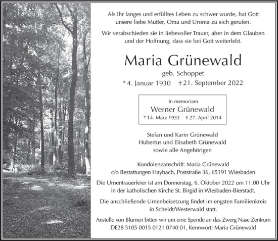 Traueranzeige von Maria Grünewald von vrm-trauer Wiesbadener Kurier