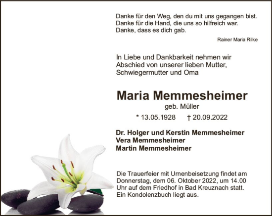 Traueranzeige von Maria Memmesheimer von vrm-trauer Allg. Zeitung Bad Kreuznach