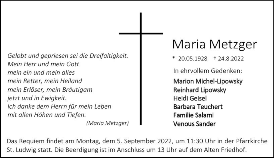Traueranzeige von Maria Metzger von vrm-trauer Darmstädter Echo