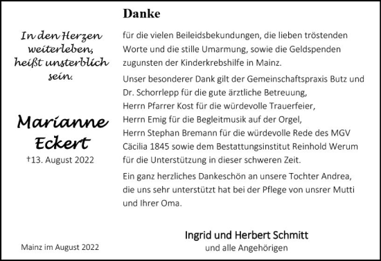 Traueranzeige von Marianne Eckert von vrm-trauer AZ Mainz