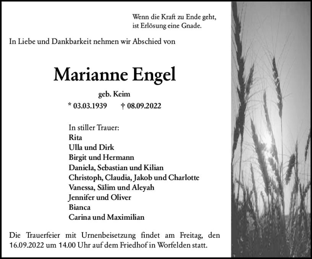  Traueranzeige für Marianne Engel vom 10.09.2022 aus vrm-trauer Groß-Gerauer Echo