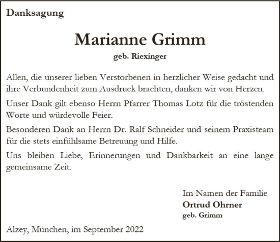 Traueranzeige von Marianne Grimm von vrm-trauer Allgemeine Zeitung Alzey