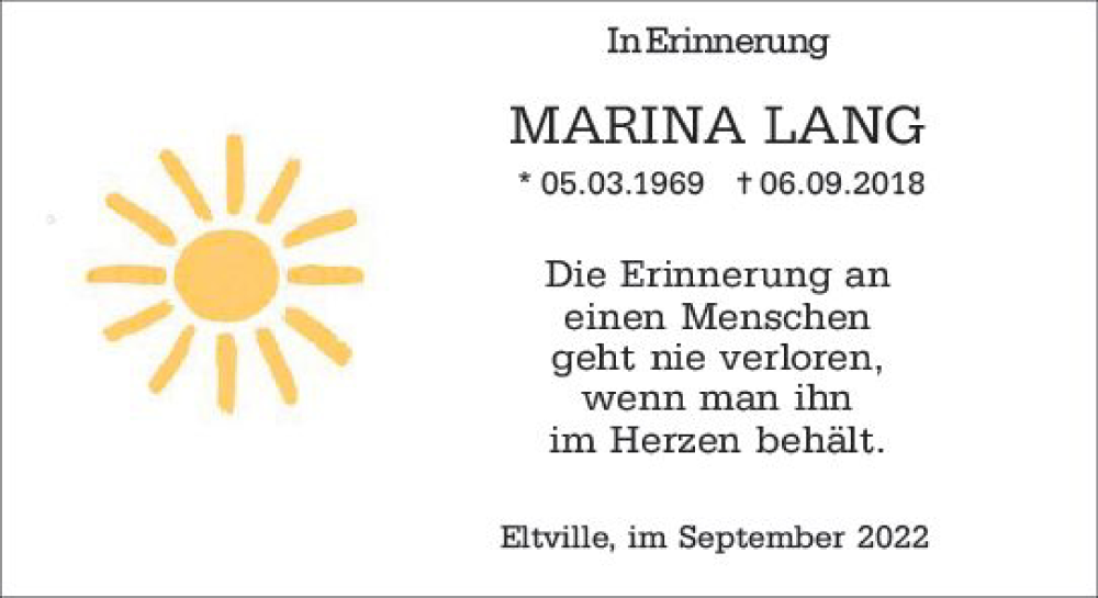  Traueranzeige für Marina Lang vom 10.09.2022 aus vrm-trauer Wiesbadener Kurier