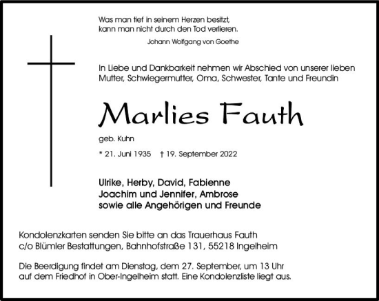 Traueranzeige von Marlies Fauth von vrm-trauer Allgemeine  Zeitung Ingelheim-Bingen