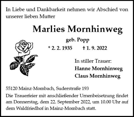 Traueranzeige von Marlies Mornhinweg von vrm-trauer AZ Mainz