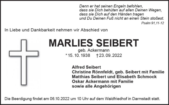 Traueranzeige von Marlies Seibert von vrm-trauer Darmstädter Echo