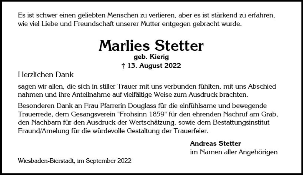  Traueranzeige für Marlies Stetter vom 10.09.2022 aus vrm-trauer Wiesbadener Kurier