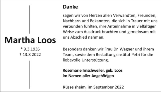 Traueranzeige von Martha Loos von vrm-trauer Rüsselsheimer Echo / MainSpitze