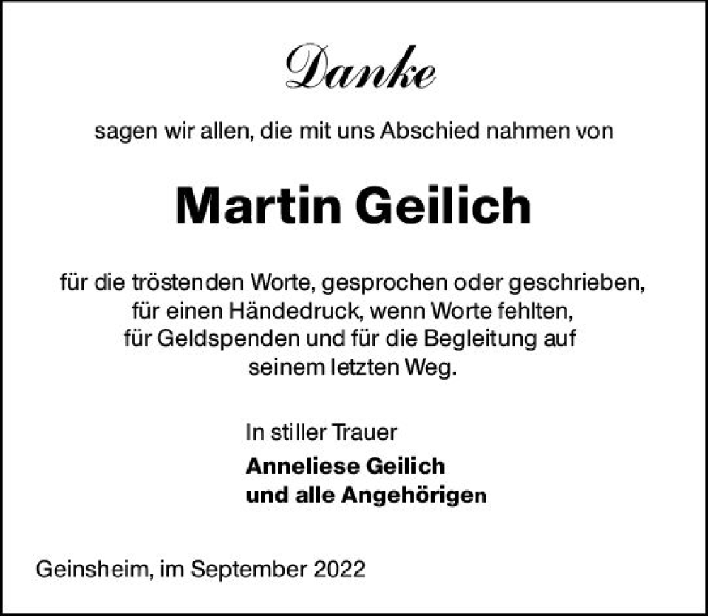  Traueranzeige für Martin Geilich vom 09.09.2022 aus vrm-trauer Rüsselsheimer Echo / MainSpitze