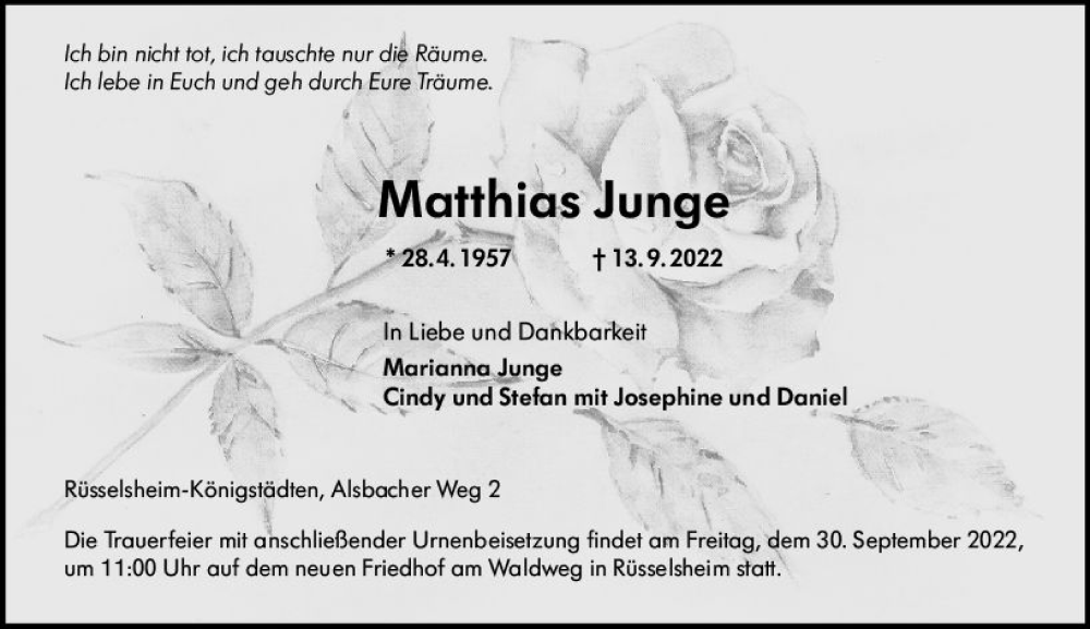  Traueranzeige für Matthias Junge vom 17.09.2022 aus vrm-trauer Rüsselsheimer Echo / MainSpitze