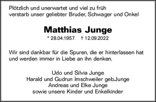 Traueranzeige von Matthias Junge von vrm-trauer Rüsselsheimer Echo / MainSpitze