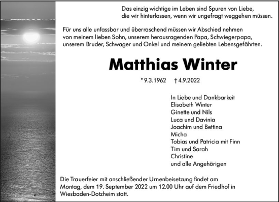 Traueranzeige von Matthias Winter von vrm-trauer Wiesbadener Kurier