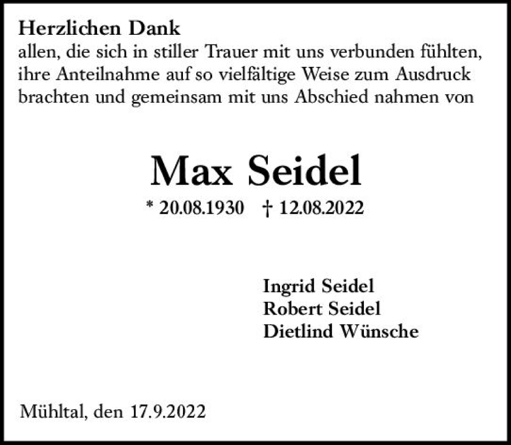  Traueranzeige für Max Seidel vom 17.09.2022 aus vrm-trauer Darmstädter Echo