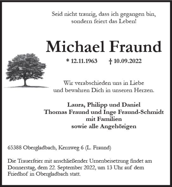 Traueranzeige von Michael Fraund von vrm-trauer Wiesbadener Kurier