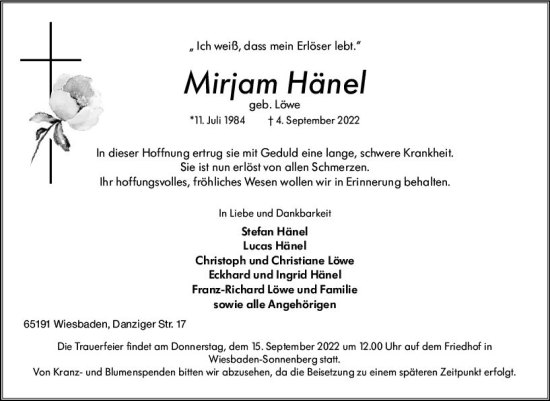 Traueranzeige von Miriam Hänel von vrm-trauer Wiesbadener Kurier