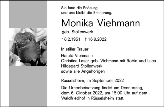 Traueranzeige von Monika Viehmann von vrm-trauer Rüsselsheimer Echo / MainSpitze