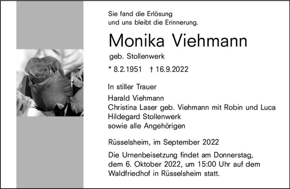 Traueranzeige für Monika Viehmann vom 24.09.2022 aus vrm-trauer Rüsselsheimer Echo / MainSpitze