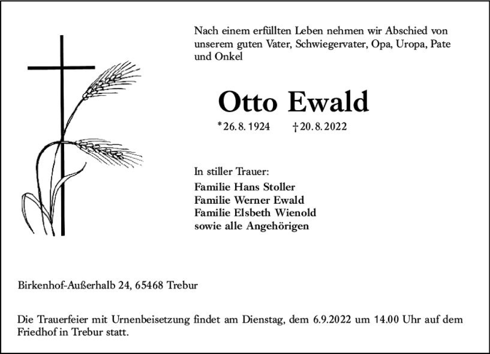  Traueranzeige für Otto Ewald vom 03.09.2022 aus vrm-trauer Groß-Gerauer Echo
