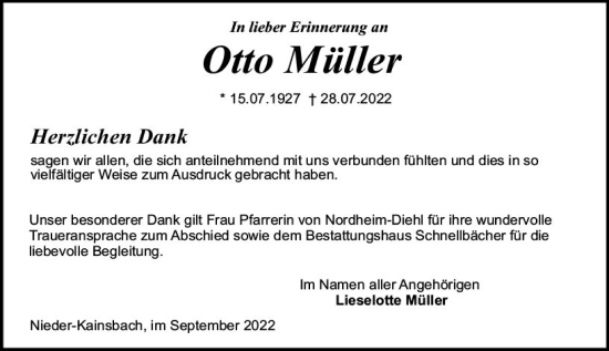 Traueranzeige von Otto Müller von vrm-trauer Odenwälder Echo