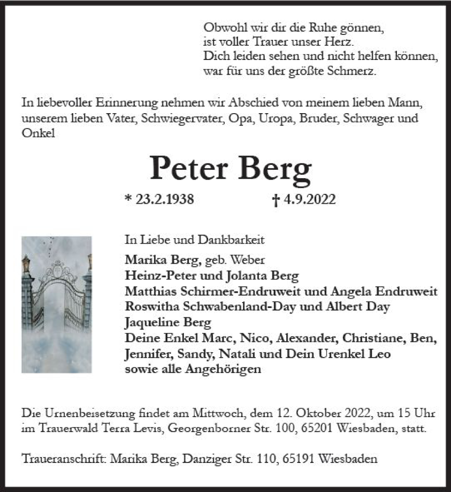  Traueranzeige für Peter Berg vom 01.10.2022 aus vrm-trauer Wiesbadener Kurier