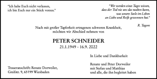 Traueranzeige von Peter Schneider von vrm-trauer Wiesbadener Kurier