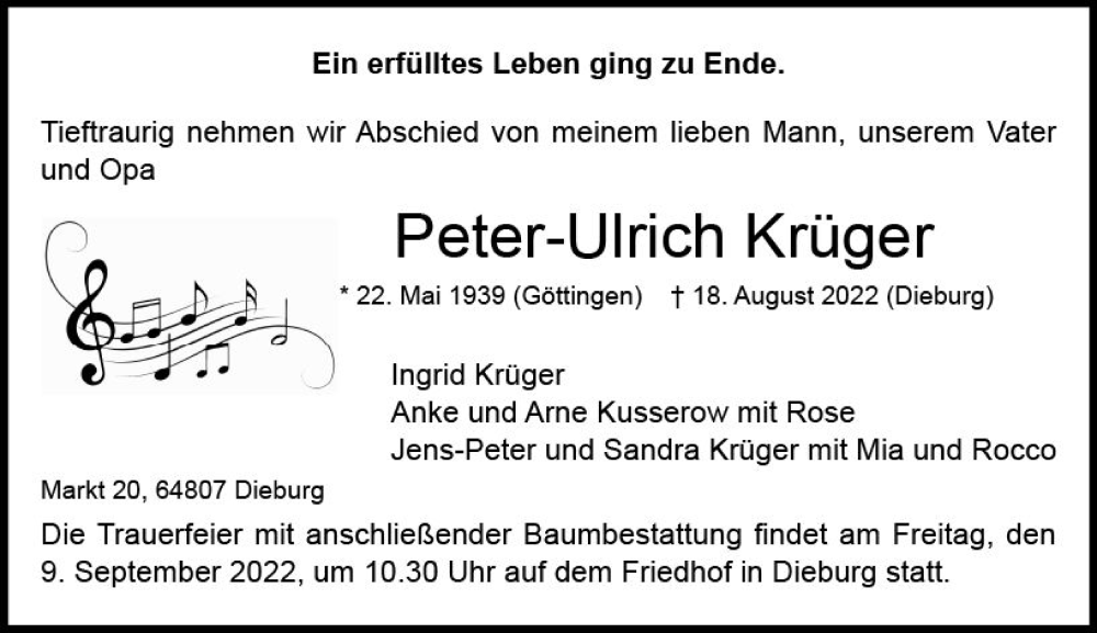  Traueranzeige für Peter-Ulrich Krüger vom 03.09.2022 aus vrm-trauer DieburgerAnzeiger/Groß-Zimmerner Lokala