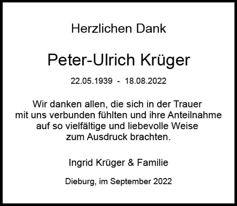  Traueranzeige für Peter-Ulrich Krüger vom 24.09.2022 aus vrm-trauer DieburgerAnzeiger/Groß-Zimmerner Lokala