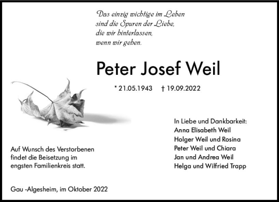 Traueranzeige von Peter Josef Weil von vrm-trauer Allgemeine  Zeitung Ingelheim-Bingen