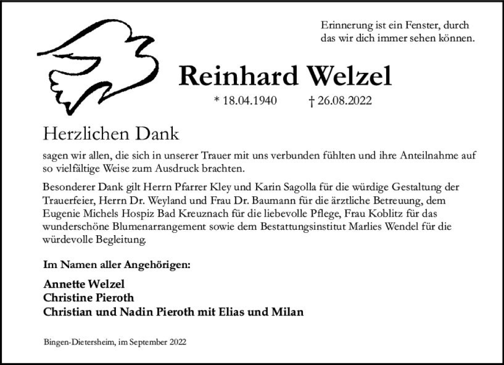 Traueranzeige für Reinhard Welzel vom 24.09.2022 aus vrm-trauer Allgemeine  Zeitung Ingelheim-Bingen