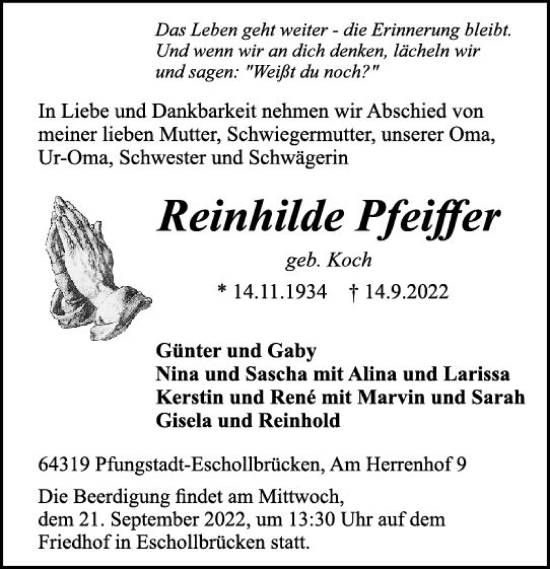 Traueranzeige von Reinhilde Pfeiffer von vrm-trauer Darmstädter Echo