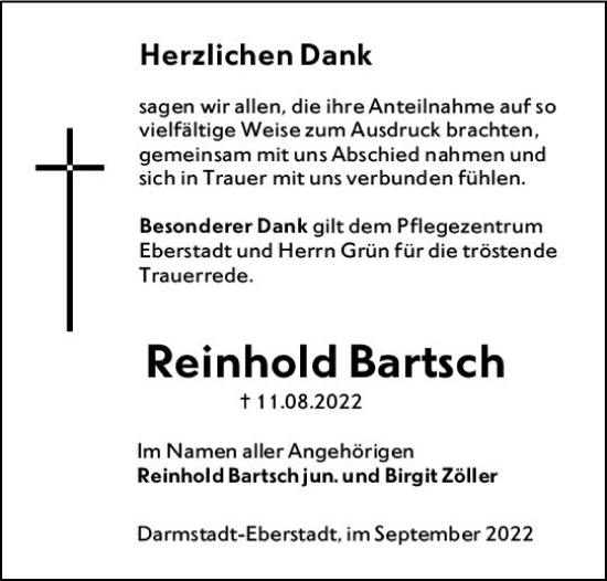 Traueranzeige von Reinhold Bartsch von vrm-trauer Darmstädter Echo