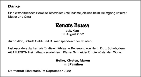 Traueranzeige von Renate Bauer von vrm-trauer Darmstädter Echo
