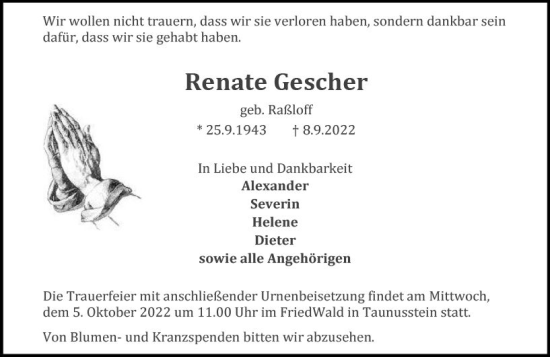 Traueranzeige von Renate Gescher von vrm-trauer Wiesbadener Kurier