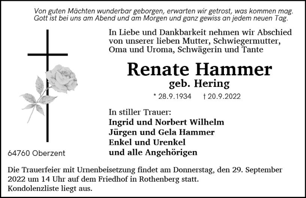  Traueranzeige für Renate Hammer vom 24.09.2022 aus vrm-trauer Odenwälder Echo