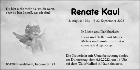 Traueranzeige von Renate Kaul von vrm-trauer Rüsselsheimer Echo / MainSpitze