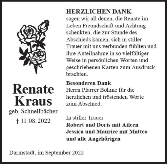 Traueranzeige von Renate Kraus von vrm-trauer Darmstädter Echo